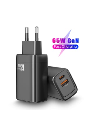 65W GaN PD Hızlı Şarj Adaptörü USB-C ve USB-A Çift Çıkışlı Telefon Tablet Laptop Uyumlu