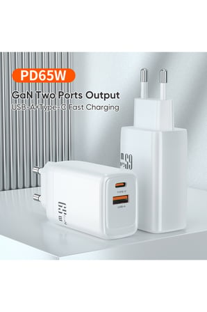 65W GaN PD Hızlı Şarj Adaptörü USB-C ve USB-A Çift Çıkışlı Telefon Tablet Laptop Uyumlu