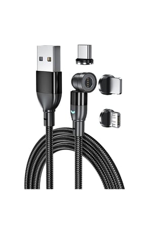3 Uçlu 540° Döner Manyetik Hızlı Şarj Kablosu Type-C Micro USB Lightning