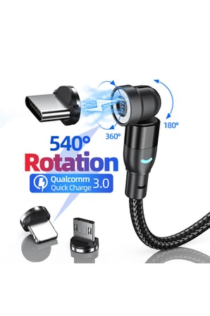 3 Uçlu 540° Döner Manyetik Hızlı Şarj Kablosu Type-C Micro USB Lightning
