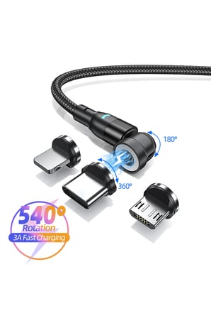 3 Uçlu 540° Döner Manyetik Hızlı Şarj Kablosu Type-C Micro USB Lightning