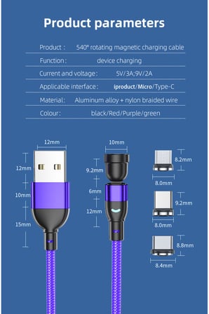3 Uçlu 540° Döner Manyetik Hızlı Şarj Kablosu Type-C Micro USB Lightning