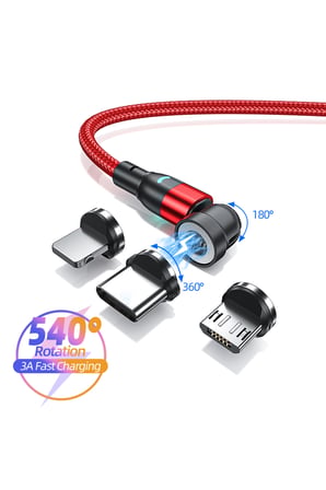 3 Uçlu 540° Döner Manyetik Hızlı Şarj Kablosu Type-C Micro USB Lightning