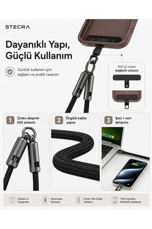 2'si 1 Arada Bilek Askılı 240W PD Type-C to Type-C Hızlı Şarj ve Data Kablosu 30 cm