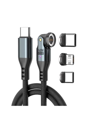 240W 9 Pin 540° Döner 3 Uçlu Manyetik Hızlı Şarj ve Data Kablosu Type-C Micro USB Lightning