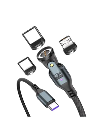 240W 9 Pin 540° Döner 3 Uçlu Manyetik Hızlı Şarj ve Data Kablosu Type-C Micro USB Lightning