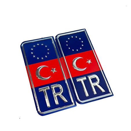 TR Avrupa Birliği Türk Bayraklı Plaka Arması Metal Etiket Sticker Kırmızı Mavi 2'li