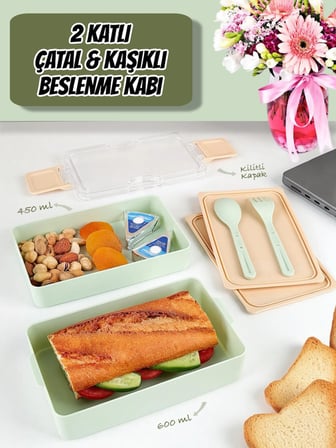 Dikdörtgen İki Katlı Lunch Box Açık Yeşil Renk  Beslenme Kutusu Saklama Kutusu