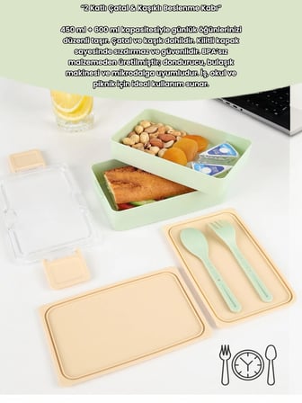 Dikdörtgen İki Katlı Lunch Box Açık Yeşil Renk  Beslenme Kutusu Saklama Kutusu