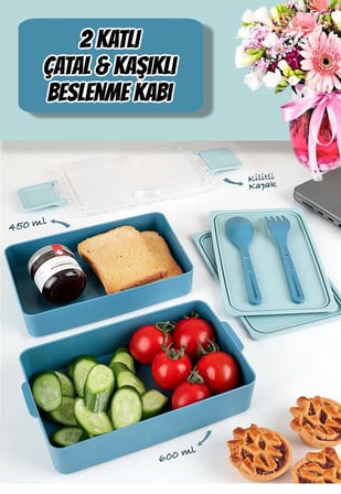 Dikdörtgen İki Katlı Lunch Box Mavi Renk  Beslenme Kutusu Saklama Kutusu