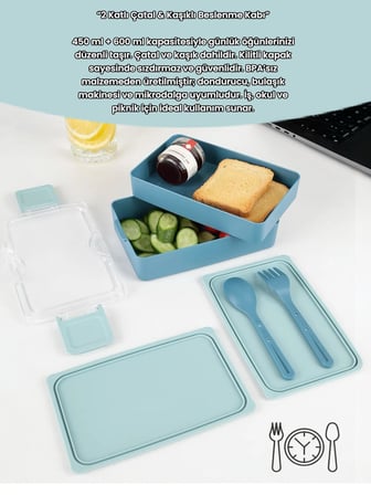 Dikdörtgen İki Katlı Lunch Box Mavi Renk  Beslenme Kutusu Saklama Kutusu