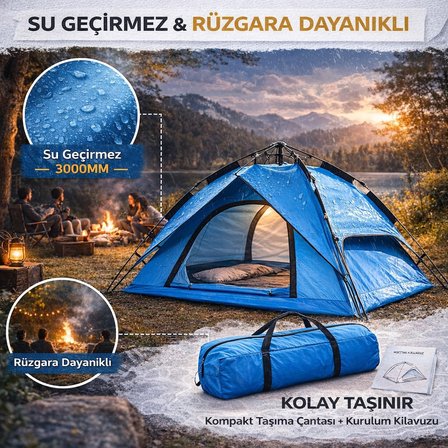 Sylar 4 Kişilik Otomatik Kamp Çadırı Çift Katmanlı Outdoor Doğa Aile Kamp Çadırı 200 x 250 x 150 cm