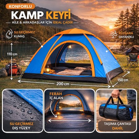 Sylar 2 -3 Kişilik Kamp Çadırı Manuel Kurulum Outdoor Kamp Doğa Çadırı Taşıma Çantalı 200x150x110 cm
