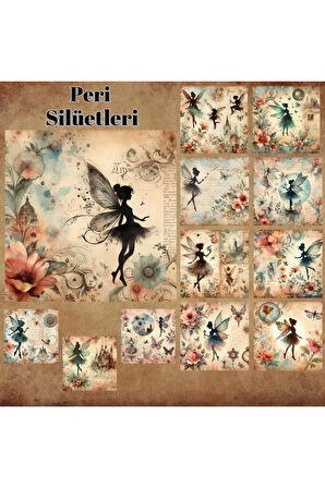 Peri Silüetleri Vintage 12 Adet Scrapbook Bullet Journal Mat Planlayıcı Sticker Etiket Seti