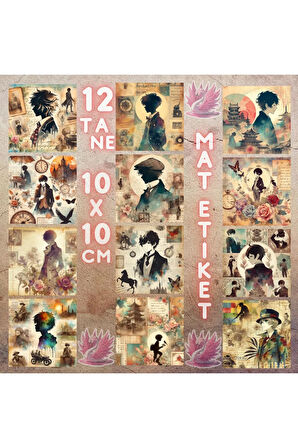 Anime Erkek Silüetleri Vintage 12 Adet Scrapbook Bullet Journal Mat Planlayıcı Sticker Etiket Seti