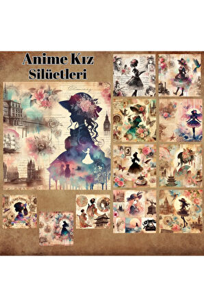 Anime Kız Silüetleri Vintage 12 Adet Scrapbook Bullet Journal Mat Planlayıcı Sticker Etiket Seti