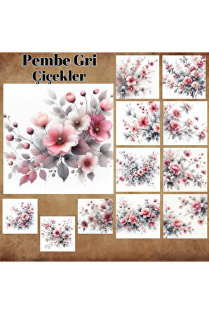 Pembe Gri Çiçekler Vintage 12 Adet Scrapbook Bullet Journal Mat Planlayıcı Sticker Etiket Seti
