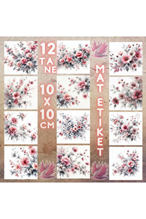 Pembe Gri Çiçekler Vintage 12 Adet Scrapbook Bullet Journal Mat Planlayıcı Sticker Etiket Seti