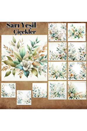 Sarı Yeşil Çiçekler Yapraklar Vintage 12 Adet Scrapbook Bullet Journal Mat Planlayıcı Sticker Seti