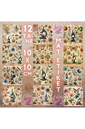 Biyoloji Temalı Kolaj Vintage 12 Adet Scrapbook Bullet Journal Mat Planlayıcı Sticker Etiket Seti