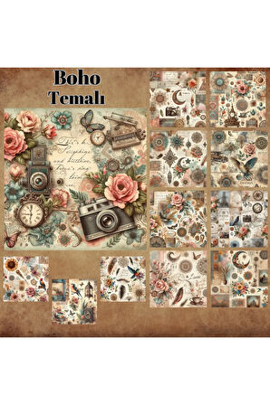 Boho Temalı Kolaj Vintage 12 Adet Scrapbook Bullet Journal Mat Planlayıcı Sticker Etiket Seti