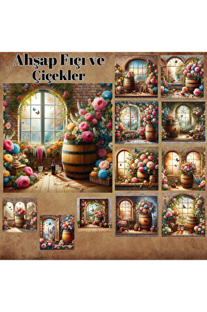 Ahşap Fıçı Ve Çiçekler Vintage 12 Adet Scrapbook Bullet Journal Mat Planlayıcı Sticker Etiket Seti