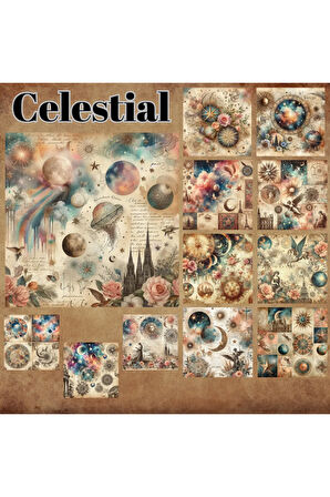 Celestial Kolaj Vintage 12 Adet Scrapbook Bullet Journal Mat Planlayıcı Sticker Etiket Seti