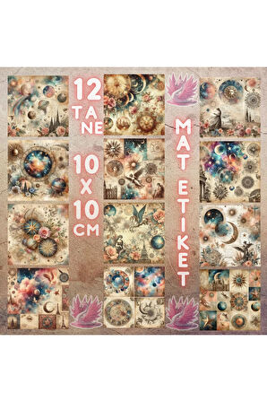 Celestial Kolaj Vintage 12 Adet Scrapbook Bullet Journal Mat Planlayıcı Sticker Etiket Seti
