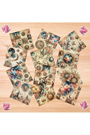 Celestial Kolaj Vintage 12 Adet Scrapbook Bullet Journal Mat Planlayıcı Sticker Etiket Seti