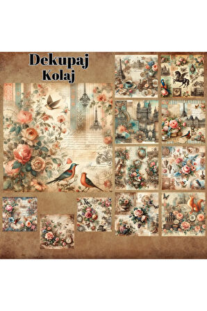Dekupaj Kolaj Vintage 12 Adet Scrapbook Bullet Journal Mat Planlayıcı Sticker Etiket Seti