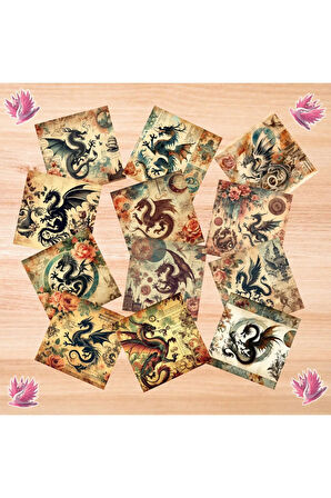 Dragon Ejderha Silüetleri Vintage 12 Adet Scrapbook Bullet Journal Mat Sticker Etiket Seti