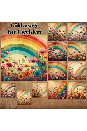 Gökkuşağı Ve Kır Çiçekleri Vintage 12 Adet Scrapbook Bullet Journal Mat Sticker Etiket Seti