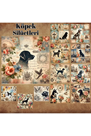 Köpek Silüetleri Vintage 12 Adet Scrapbook Bullet Journal Mat Planlayıcı Sticker Etiket Seti