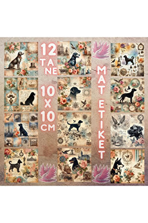 Köpek Silüetleri Vintage 12 Adet Scrapbook Bullet Journal Mat Planlayıcı Sticker Etiket Seti