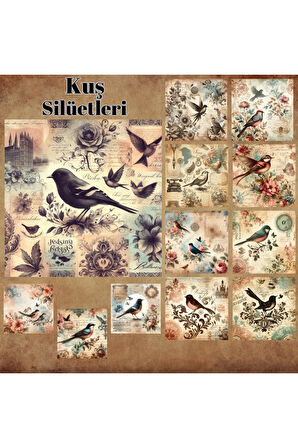 Kuş Silüetleri Vintage 12 Adet Scrapbook Bullet Journal Mat Planlayıcı Sticker Etiket Seti