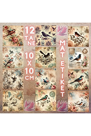 Kuş Silüetleri Vintage 12 Adet Scrapbook Bullet Journal Mat Planlayıcı Sticker Etiket Seti