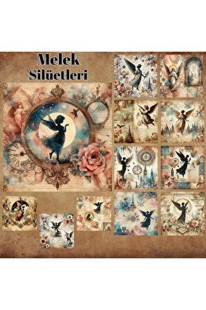 Melek Silüetleri Vintage 12 Adet Scrapbook Bullet Journal Mat Planlayıcı Sticker Etiket Seti