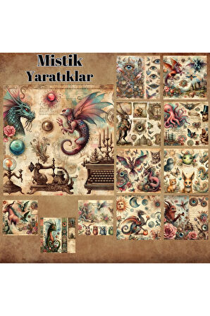 Mistik Yaratıklar Vintage 12 Adet Scrapbook Bullet Journal Mat Planlayıcı Sticker Etiket Seti