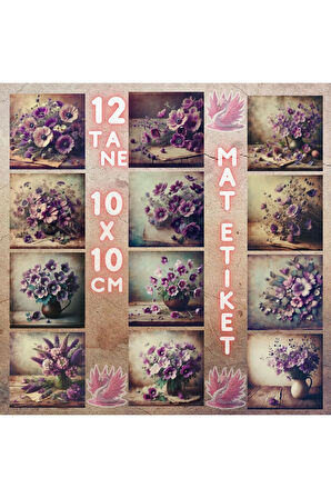 Mor Temalı Çiçekler Vintage 12 Adet Scrapbook Bullet Journal Mat Planlayıcı Sticker Etiket Seti