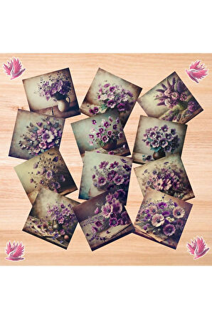 Mor Temalı Çiçekler Vintage 12 Adet Scrapbook Bullet Journal Mat Planlayıcı Sticker Etiket Seti