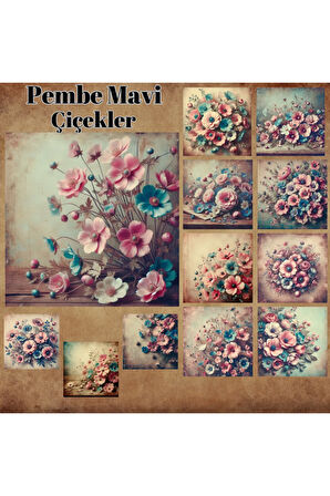 Pembe Mavi Çiçekler Vintage 12 Adet Scrapbook Bullet Journal Mat Planlayıcı Sticker Etiket Seti