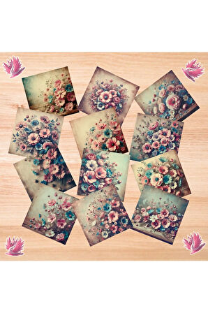 Pembe Mavi Çiçekler Vintage 12 Adet Scrapbook Bullet Journal Mat Planlayıcı Sticker Etiket Seti