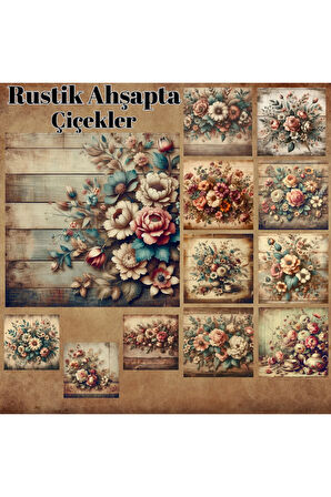 Rustik Ahşapta Çiçekler Vintage 12 Adet Scrapbook Bullet Journal Mat Planlayıcı Sticker Etiket Seti