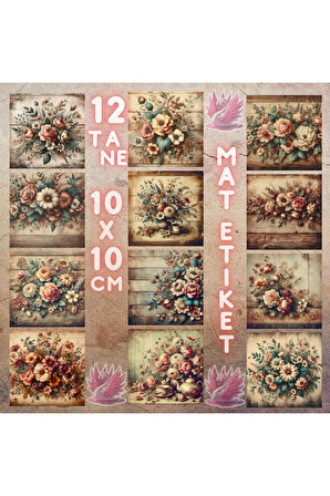 Rustik Ahşapta Çiçekler Vintage 12 Adet Scrapbook Bullet Journal Mat Planlayıcı Sticker Etiket Seti