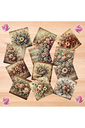 Rustik Ahşapta Çiçekler Vintage 12 Adet Scrapbook Bullet Journal Mat Planlayıcı Sticker Etiket Seti