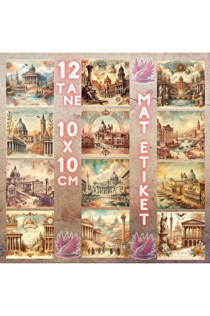 Suluboya Antik Şehir Manzaraları Vintage 12 Adet Scrapbook Bullet Journal Mat Sticker Etiket Seti