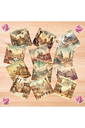 Suluboya Antik Şehir Manzaraları Vintage 12 Adet Scrapbook Bullet Journal Mat Sticker Etiket Seti