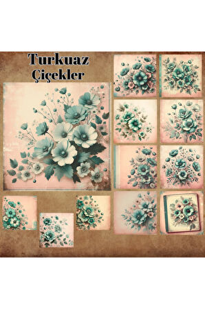 Turkuaz Çiçekler Vintage 12 Adet Scrapbook Bullet Journal Mat Planlayıcı Sticker Etiket Seti