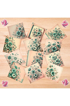 Turkuaz Çiçekler Vintage 12 Adet Scrapbook Bullet Journal Mat Planlayıcı Sticker Etiket Seti