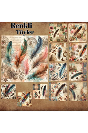 Renkli Tüyler Temalı Vintage 12 Adet Scrapbook Bullet Journal Mat Planlayıcı Sticker Etiket Seti